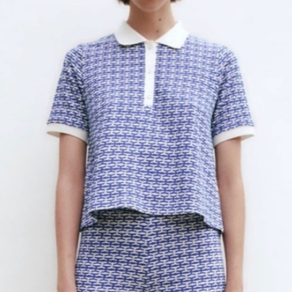 Zara geometric print knit polo blue white medium @E - Picture 1 of 11